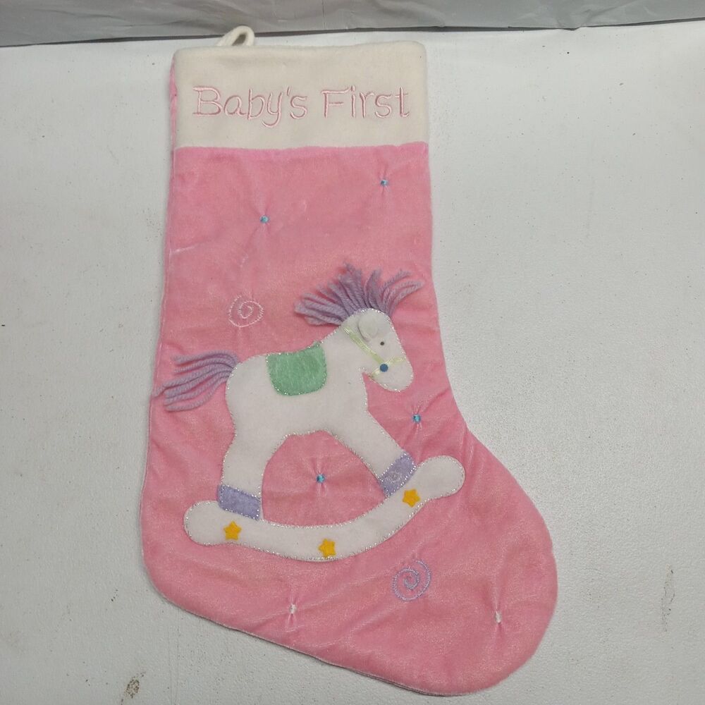 Baby Girl's First Christmas Stocking with Rocking Horse Pink Holiday 16 Inch